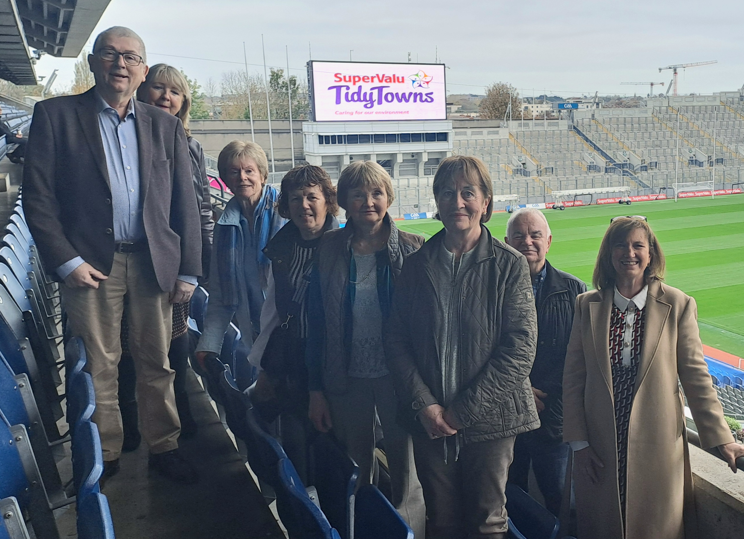 Abbeyshrule-TT-CrokePark-241101 Members of Abbeyshrule TidyTowns Committee and Sylvia Kilcline, Senior Executive Officer of Environment with Longford County Council, in the stand of Croke Park Stadium