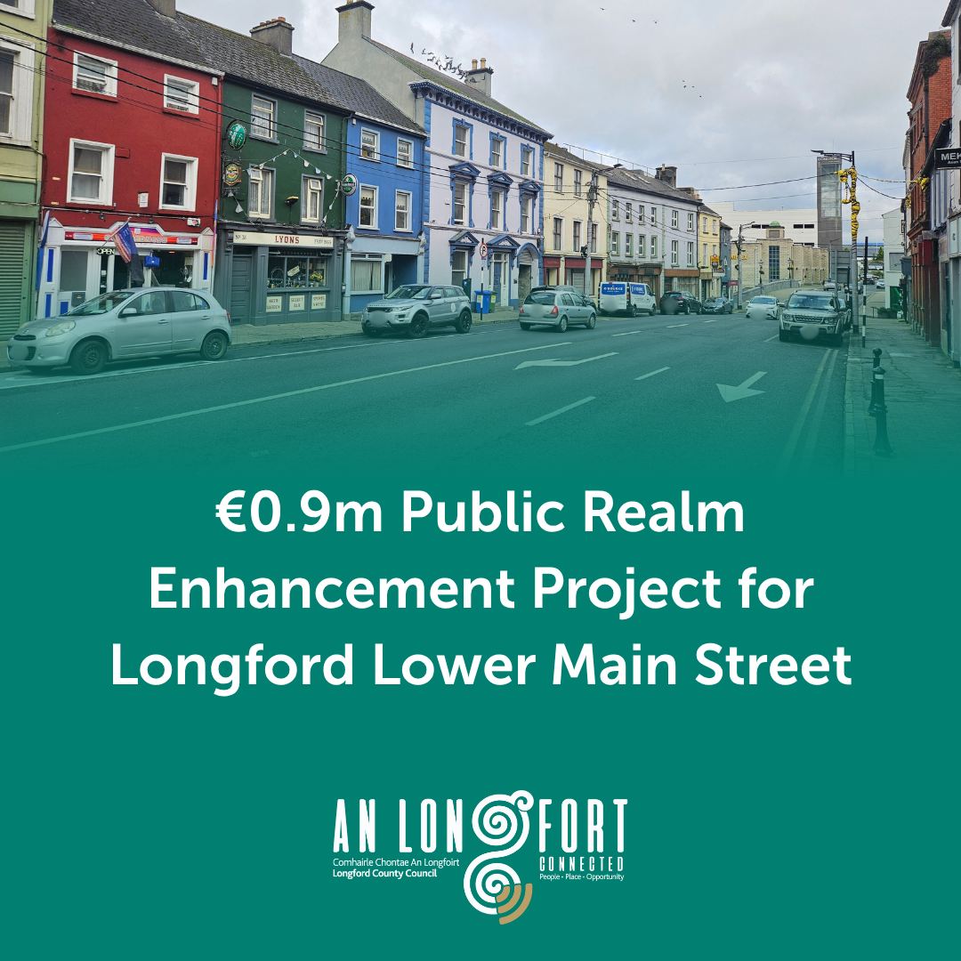 Composite image of Lower main street Longford and green graphic announcing public realm funding